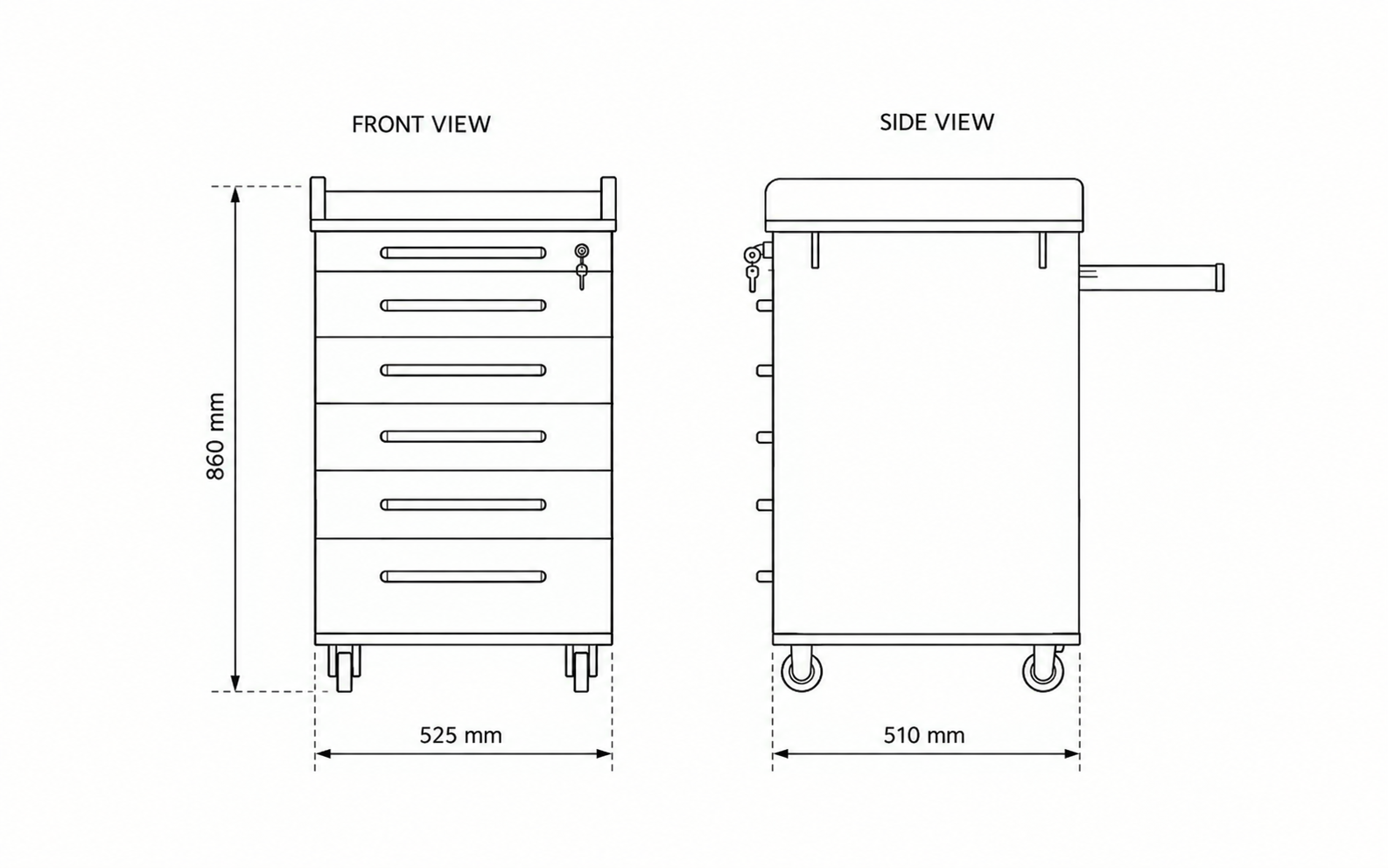 Technical diagram of the DTX-UM-533 dental trolley — front and side views with dimensions