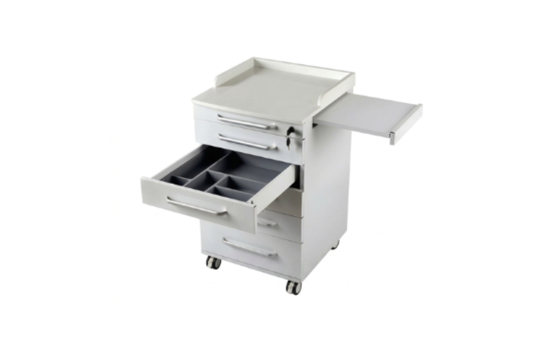 Detalle de materiales del carrito dental DTX-UM-533 — acero inoxidable y mármol artificial