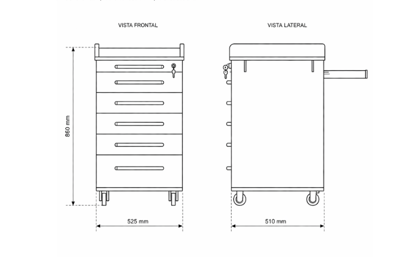 Diagrama técnico del carrito dental DTX-UM-533 — vista frontal y lateral con medidas