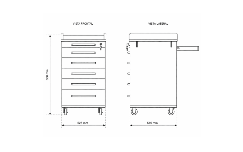 Diagrama técnico del carrito dental DTX-UM-533 — vista frontal y lateral con medidas