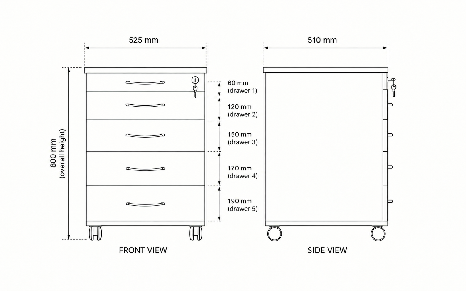 Technical diagram of the DTX-UM-550 dental trolley with dimensions