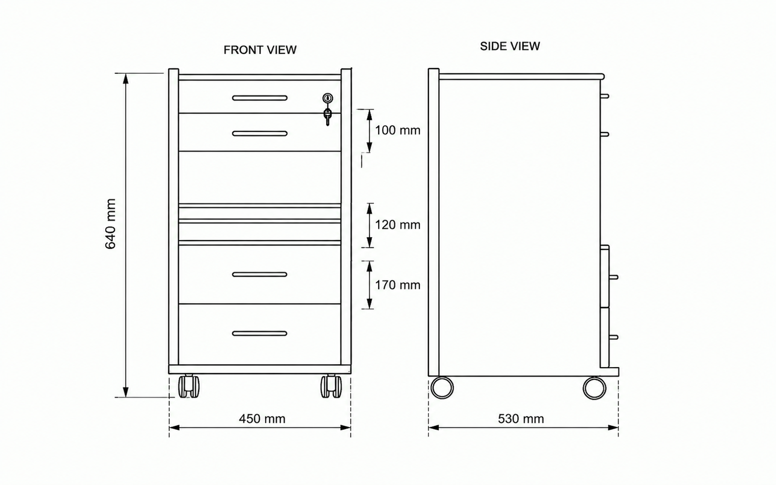 Technical diagram of the DTX-UM-560 dental trolley with dimensions and drawer heights