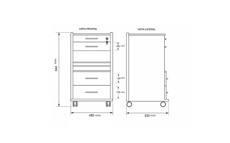Detalle dimensiones y cajones carrito DTX-UM-560