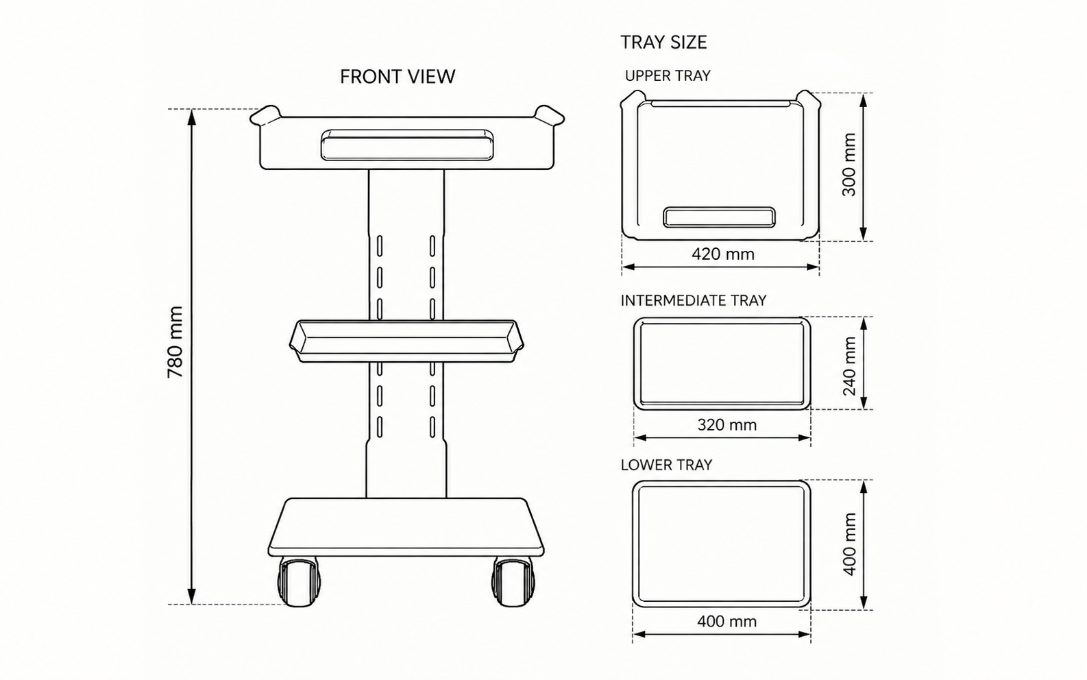 Technical diagram of the DTX-UM-T3 trolley with tray dimensions