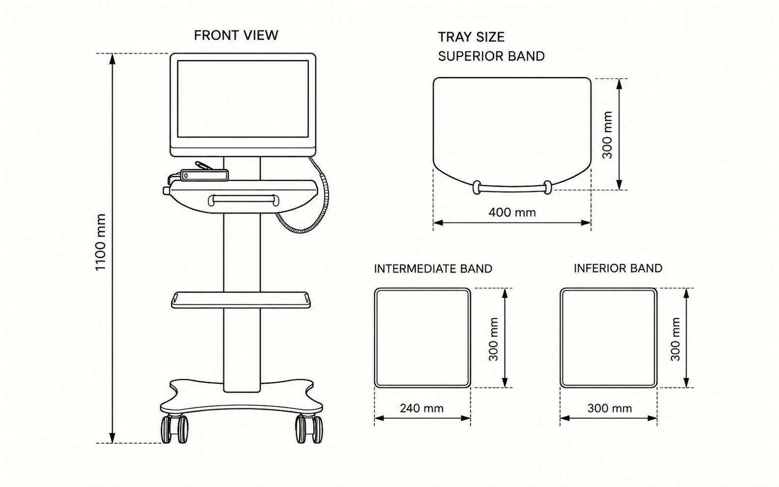 Technical diagram of the DTX-UM-T4 scanner trolley with tray dimensions