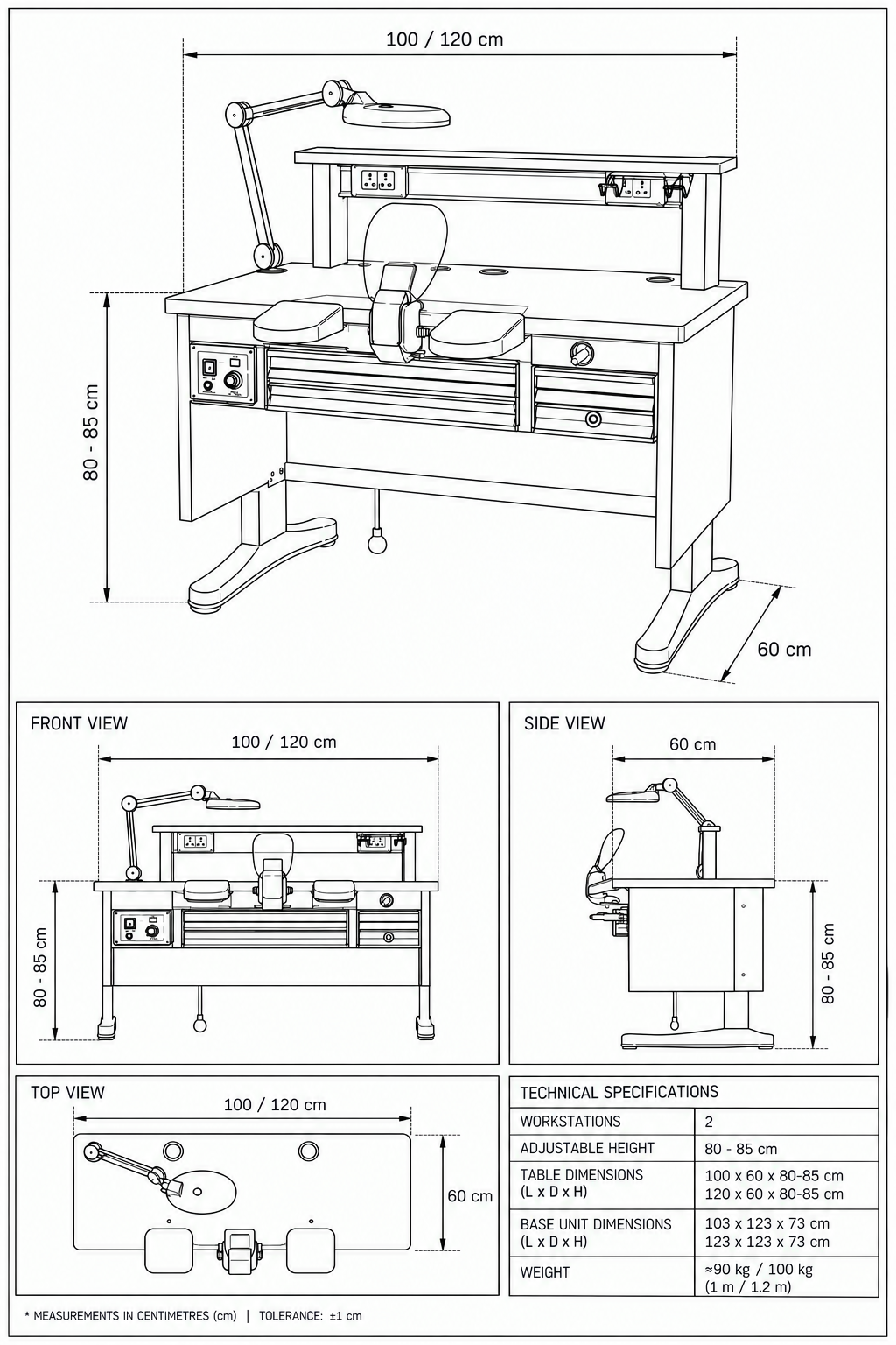 Dimensioned technical drawing of the single-station Workstation