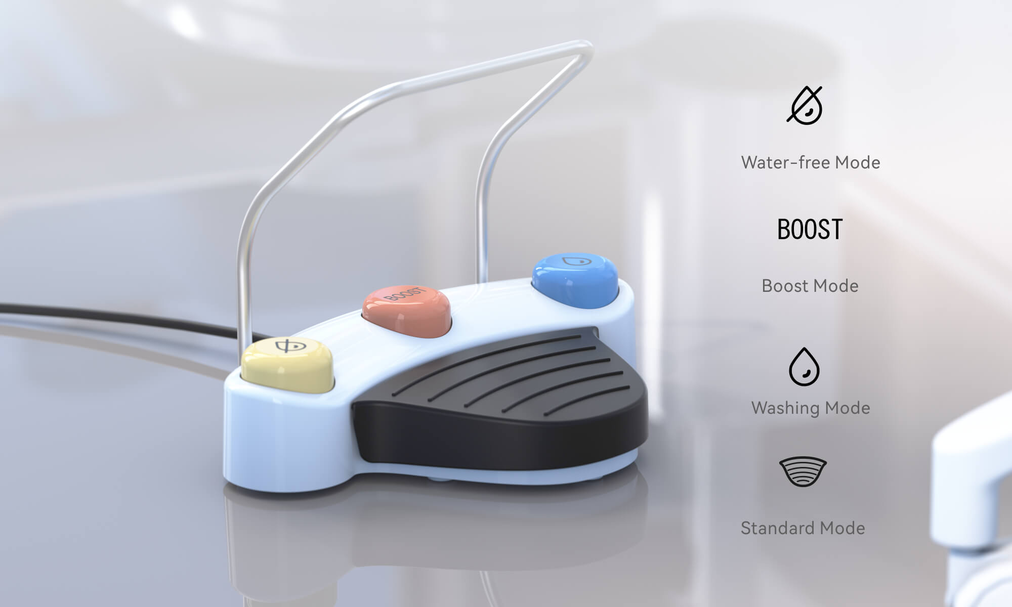 Pedal multifunções do Woodpecker PT-A com modos Water-free Boost Washing e Standard