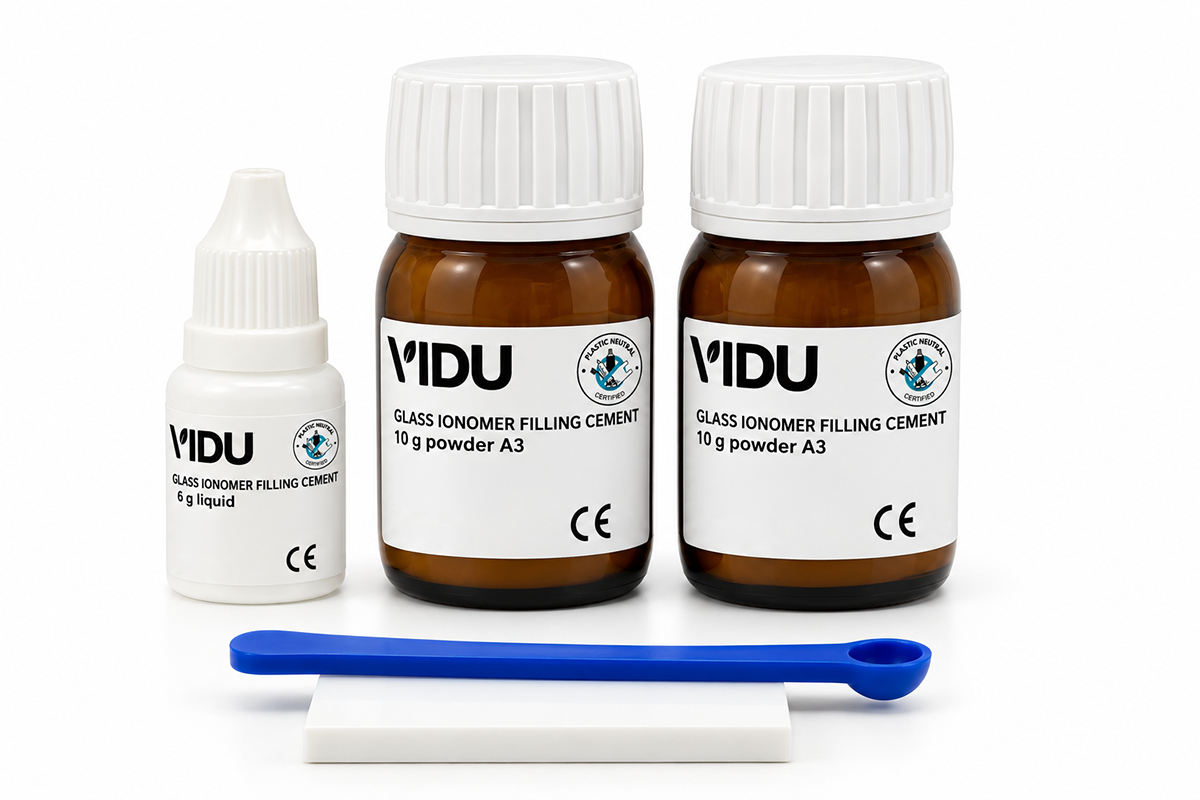 Ionomero vidrio restauraciones VIDU curado quimico fraguado rapido tono A2 polvo liquido