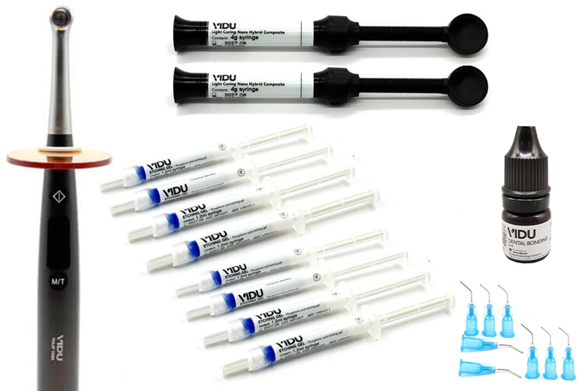 Pack de restauracion dental VIDU con lampara Tulip 100A composite adhesivo y acido grabador