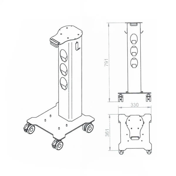 Dimensions et caractéristiques techniques du chariot Woodpecker pour détartreur à ultrasons et aéropolisseur